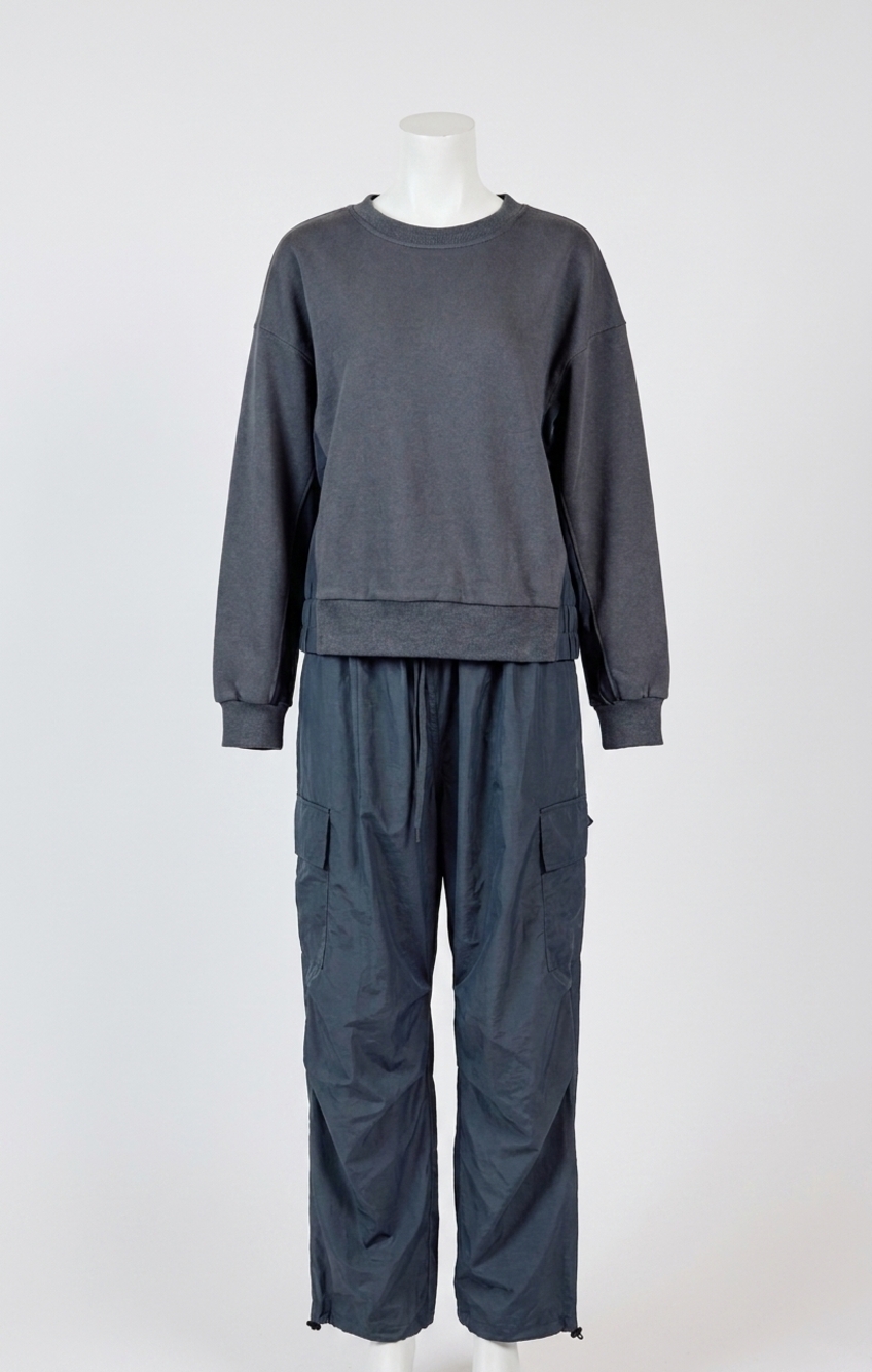 NEW SADIE & SAGE vita nylon panels crewneck long sleeve top in charcoal